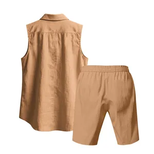 Detailed back view of men's breathable khaki linen sleeveless shirt and shorts set