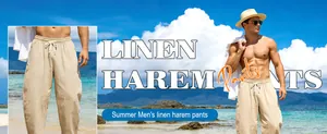 Pantalon sarouel d'été en lin beige pour homme présenté sur une plage ensoleillée
