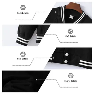Detailed view of men's black varsity jacket with ribbed cuffs, striped hem and textured quilted fabric