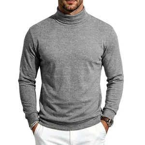 Camiseta gris de cuello alto y manga larga para hombre con suave textura de felpa