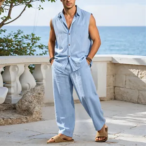 Men's light blue sleeveless linen suit, breathable summer vacation outfit by the sea