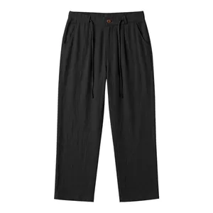 Black men's casual linen straight-leg pants with elastic drawstring waist design