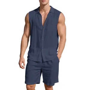 Full view of men's navy blue sleeveless linen shirt and matching casual shorts