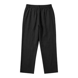 Back view of men's loose fit black linen straight leg casual pants with elastic waist