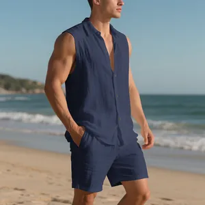 Close-up of men's navy blue breathable linen sleeveless shirt and shorts set for summer