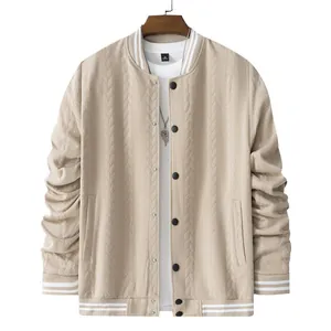 Close-up of men's beige cable-knit varsity jacket with classic striped ribbing details