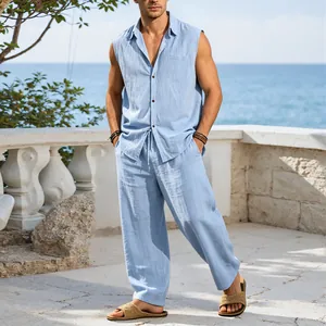 Men's light blue sleeveless linen shirt and pants set for a seaside vacation look