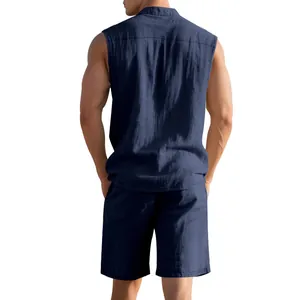 Back view of navy blue breathable linen sleeveless shirt and shorts set for men