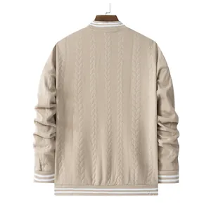 Detailed back view of men's beige cable knit bomber jacket with striped ribbed trims