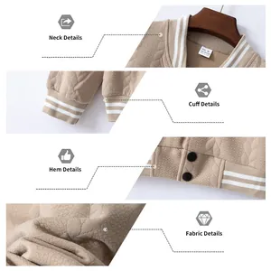 Close-up of striped ribbed cuffs and collar on a tan knitted textured baseball jacket