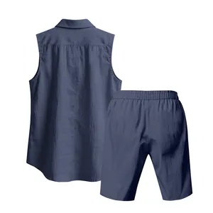 Back view of navy blue men's casual sleeveless shirt and shorts set with linen texture.