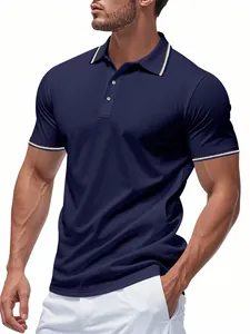 Polo de golf homme bleu marine à séchage rapide avec bordures rayées au col et manches
