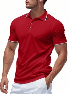 Polo de golf professionnel rouge à séchage rapide pour hommes avec détails de col rayés