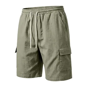 Pantalones cortos cargo de lino y algodón transpirable para hombre en verde oliva