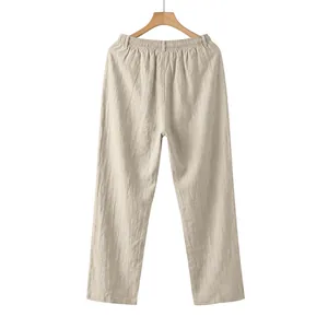 Back view of men's casual loose linen straight-leg trousers in light beige color