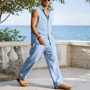 Full view of men's breathable light blue linen sleeveless shirt and trousers set