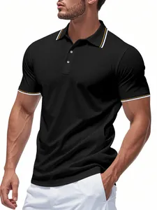 Polo de golf noir à séchage rapide pour hommes avec col et poignets rayés de style classique