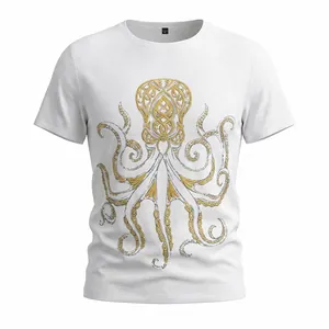 Dettaglio macro della t-shirt bianca in tessuto slub con stampa polpo in foglia oro