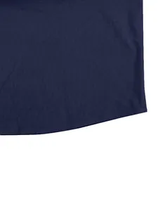 Close-up of navy blue linen blend fabric hem on men's casual long sleeve shirt