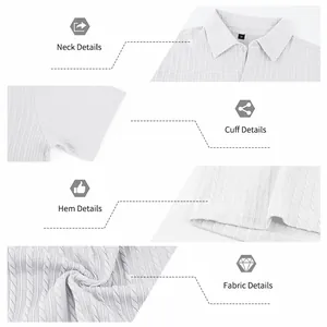 Gros plan sur la texture jacquard, le col, les poignets et l'ourlet de cette chemise d'été.