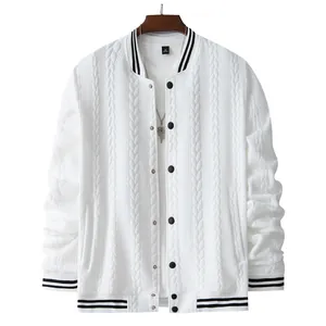 Detail view of men's white cable knit varsity jacket featuring black striped ribbing