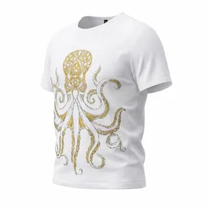 Dettaglio ravvicinato della trama slub e stampa polpo dorato su t-shirt bianca uomo maniche corte