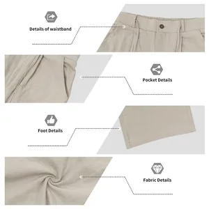 Close-up details of men's breathable linen drawstring pants showing pockets and fabric texture