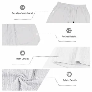 Vues détaillées du tissu jacquard blanc, de la taille élastique et des poches pour shorts homme