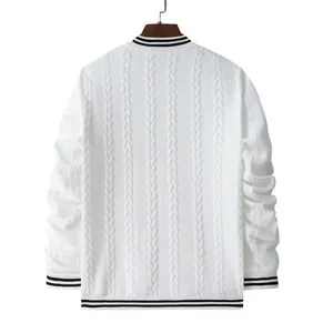 Back view of men's white cable-knit bomber jacket featuring striped ribbed collar and cuffs