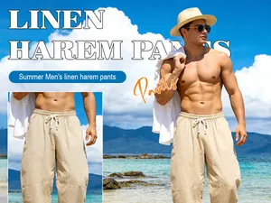 Pantalon sarouel d'été en lin pour homme dans un cadre de plage avec cordon de serrage.