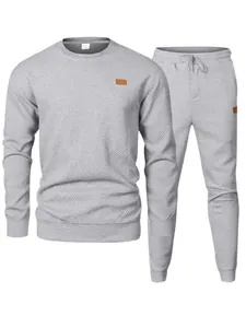 Men Tracksuit Casual Jacquard Knitted Round Neck Long Sleeve Hoodie And Pants Two Piece Set For Winter Sports Top And Bottom