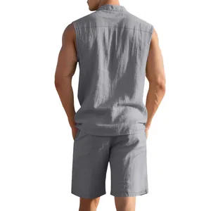 Back view of men's grey linen sleeveless shirt and shorts set with crinkled texture