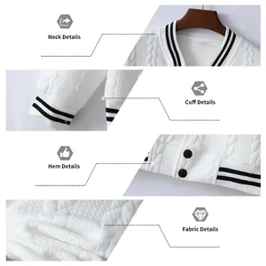 Close-up details of white knit baseball jacket showing neck, cuff, hem, and fabric