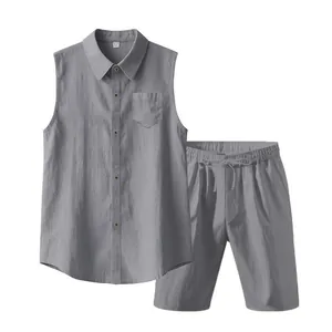 Detailed view of a grey linen-blend sleeveless shirt and shorts leisure set for men