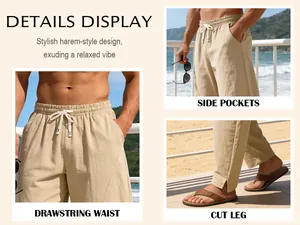 Vue détaillée du pantalon sarouel d'été pour homme avec taille à cordon et poches