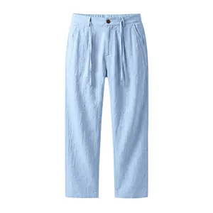 Men's breathable light blue linen casual pants featuring drawstring waist and straight fit
