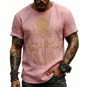 T-shirt casual da uomo rosa effetto lino con stampa di polpo in lamina d'oro