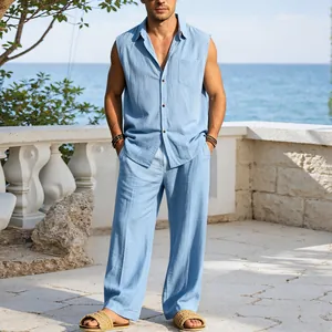 Men's light blue sleeveless linen shirt and matching casual pants for summer beach vacation