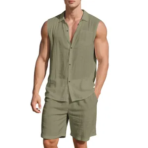 Detailed view of casual olive green linen sleeveless shirt and shorts set on male model