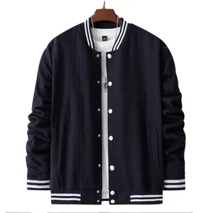 Men's navy knitted varsity jacket featuring white striped ribbing and button front closure