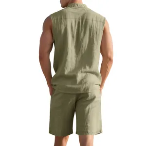 Detailed back view of men's casual sage green linen sleeveless shirt and shorts summer set