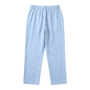 Detailed front view of light blue men's loose linen straight-leg casual trousers