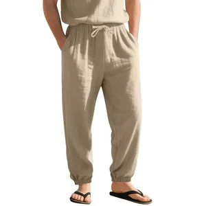 Men's loose fit summer linen jogger pants featuring drawstring waist and elastic cuffs