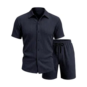 Ensemble chemise à manches courtes et short bleu marine texturé pour homme avec motif jacquard