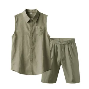 Detailed view of men's summer olive green linen sleeveless shirt and shorts casual set