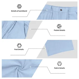Detailed view of men's linen trousers showing waistband, pockets, and fabric texture