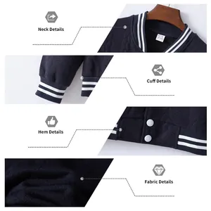 Detail view of men's knitted baseball jacket showing ribbed cuffs and textured fabric