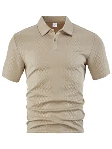 Front view of a men's khaki short-sleeved polo shirt with detailed jacquard texture.