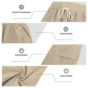Close-up details of men's linen shorts showing waistband, pockets, and breathable fabric.