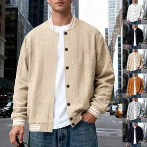 Men's autumn knitted bomber jacket with round neck and striped ribbed cuffs in beige